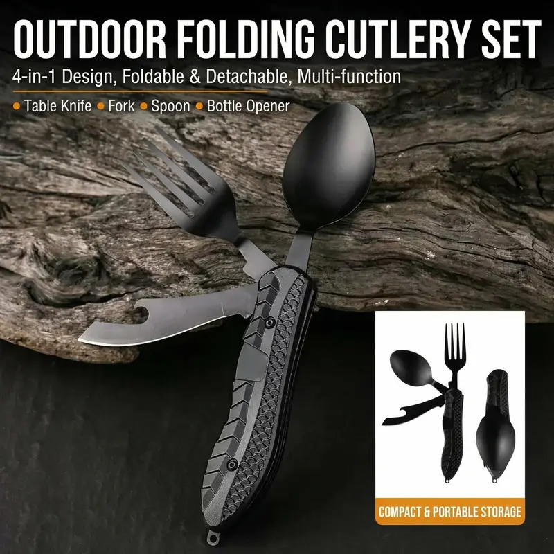 🔥Foldable Stainless Steel Camping Multitool Utensil Set | Portable Quick-Detach Fork, Spoon & Knife