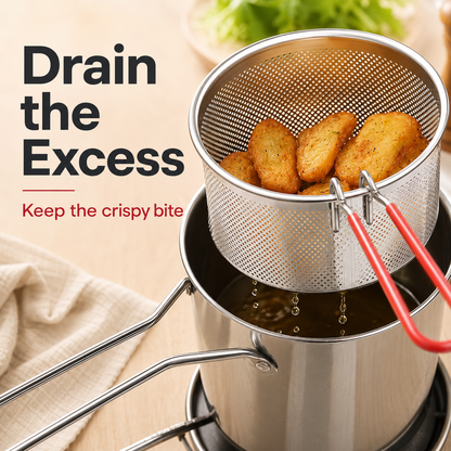 CrispyPro™ Mini Deep Fryer Set – Stainless Steel Fry Pot with Basket & Tongs