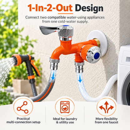 🔧 1-In-2-Out Plastic Water Tap – Dual Independent Control Valves, 3/4' Universal Fit, Leak-Proof Ceramic Core, All-Weather Resistant
