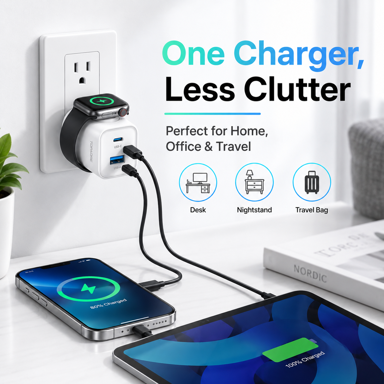 🔌 3-in-1 Wall Charger – Built-In Watch Charger with USB-A & USB-C Ports