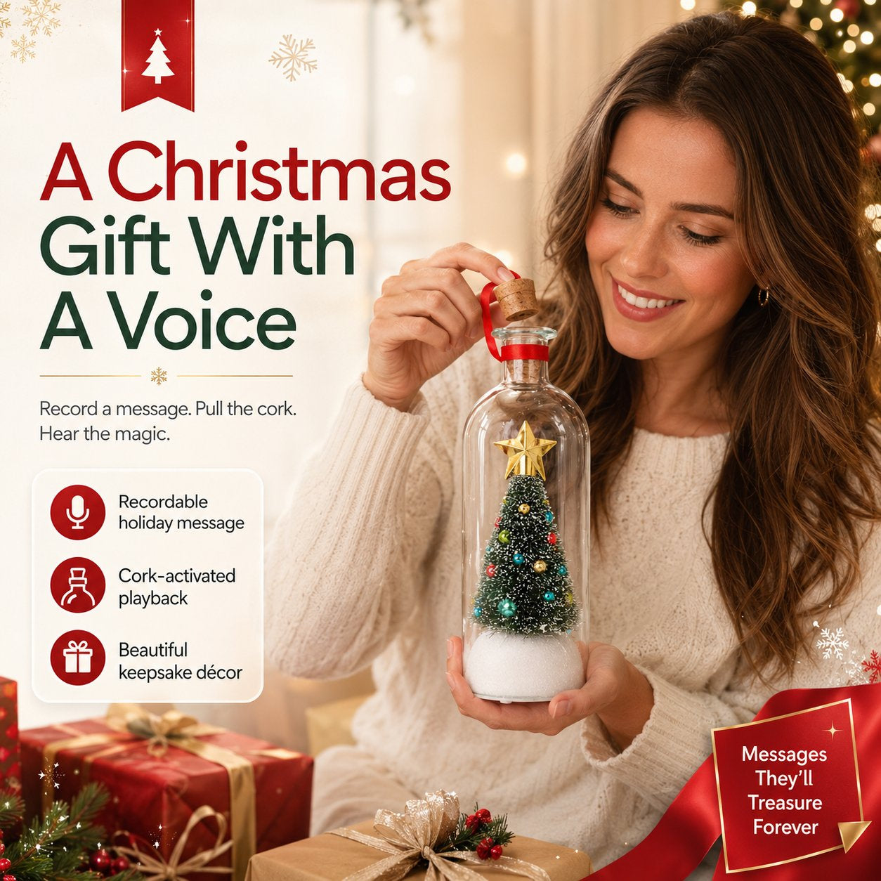 🎄 Capture Your Voice | Mr. Christmas 8" Recordable Christmas Tree Message in a Bottle with LED Light 🔔