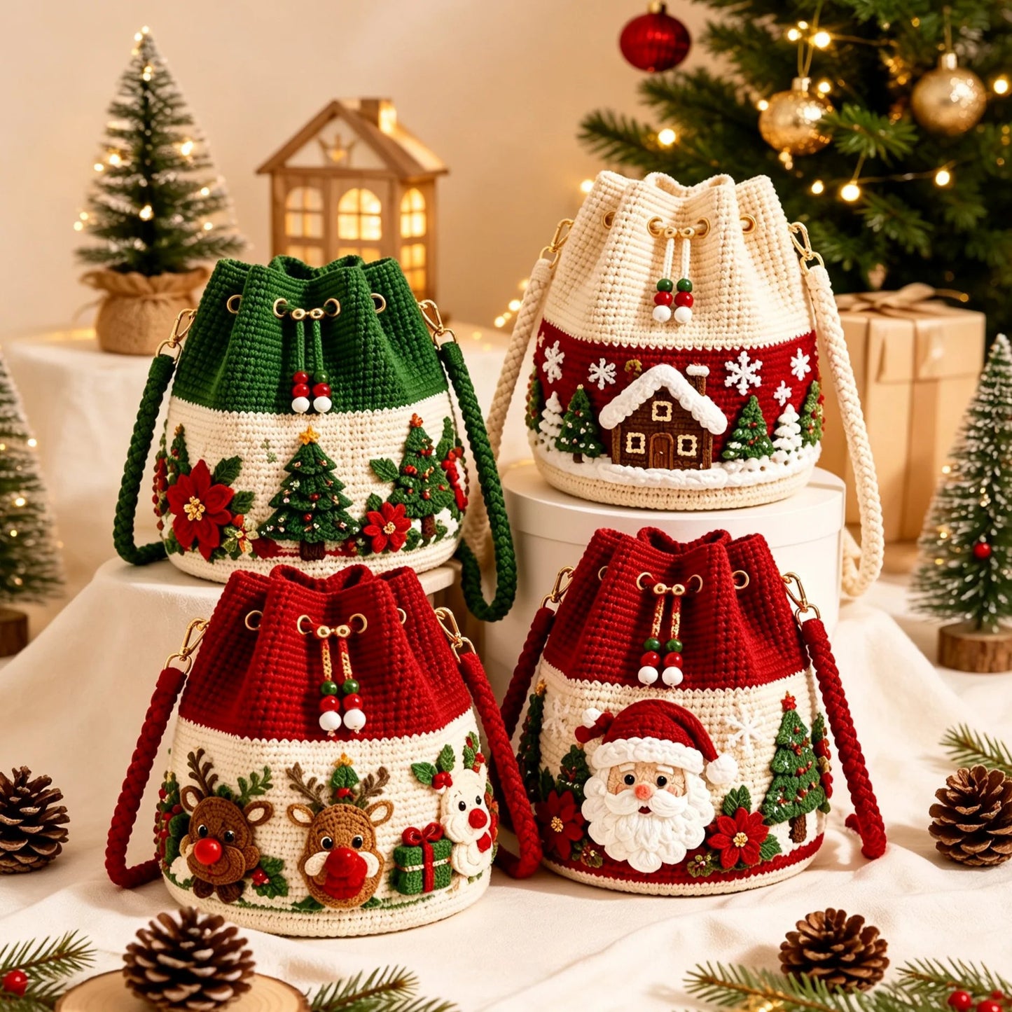 🎄Christmas Crochet Bucket Crossbody Bag 🎅 | 4 Styles Hand‑Knitted Drawstring Shoulder Purse