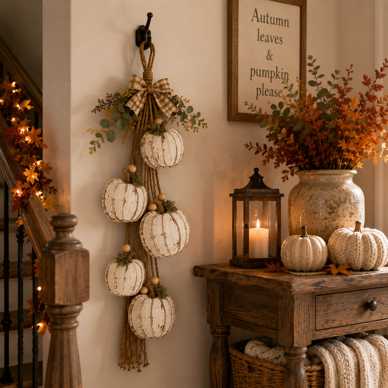 🔥Last Day 50% OFF -🎃 Rustic White Pumpkin Hanging Swag – 5-Pumpkin Fall Door & Wall Decoration for Farmhouse Autumn Decor