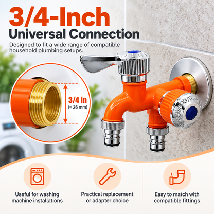 🔧 1-In-2-Out Plastic Water Tap – Dual Independent Control Valves, 3/4' Universal Fit, Leak-Proof Ceramic Core, All-Weather Resistant