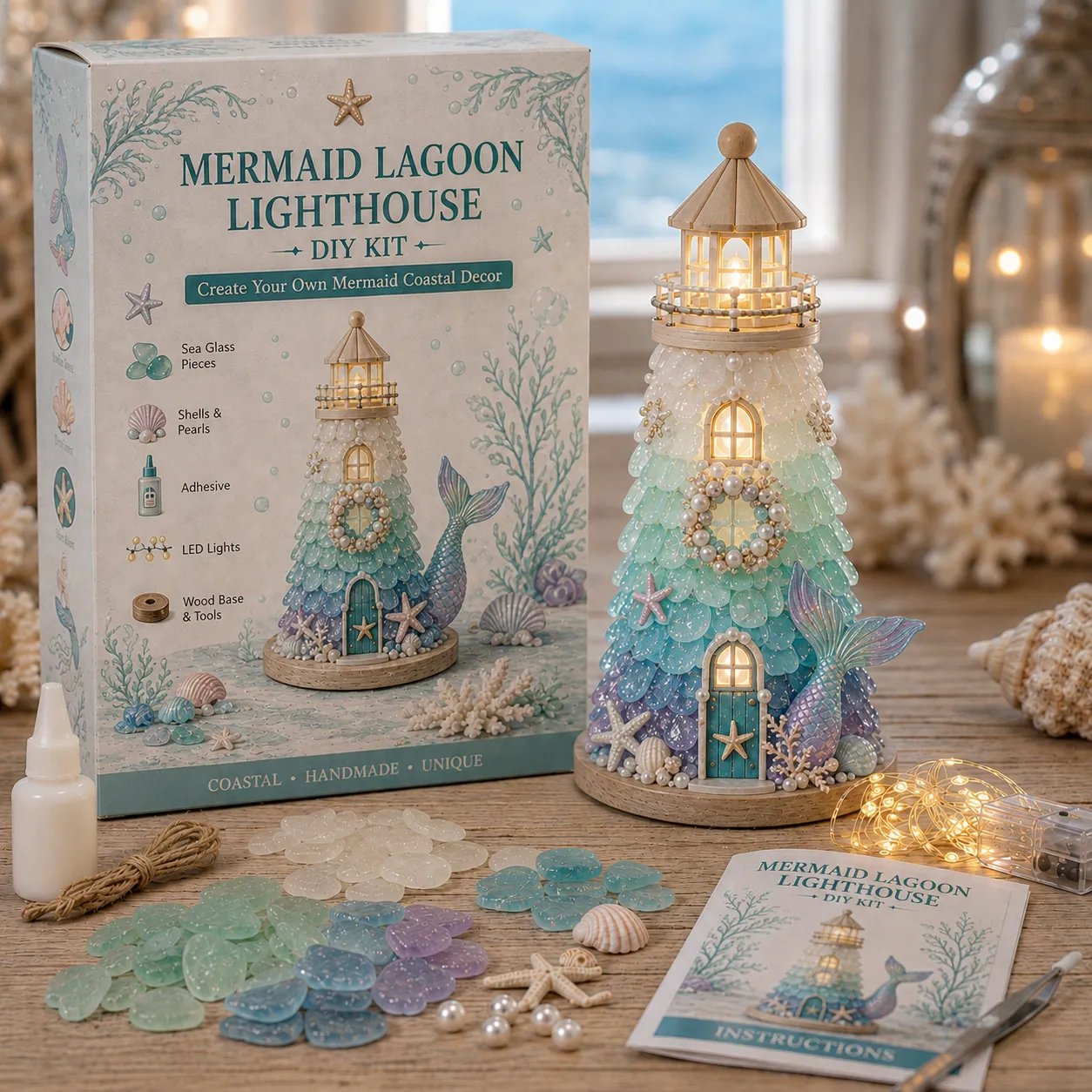 🌊 DIY Lighted Sea Glass Lighthouse Kit – Beginner-Friendly Coastal Craft with LED Lights 💕