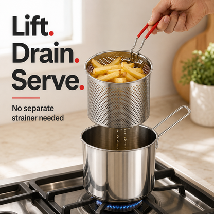CrispyPro™ Mini Deep Fryer Set – Stainless Steel Fry Pot with Basket & Tongs