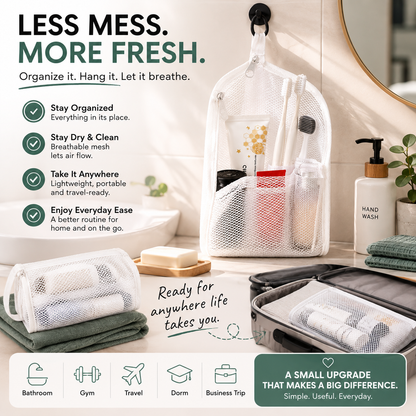🧼 2-Pack Portable Quick-Dry Mesh Toiletry Bags – Hanging Travel Organizers with Toothbrush Slots!!!