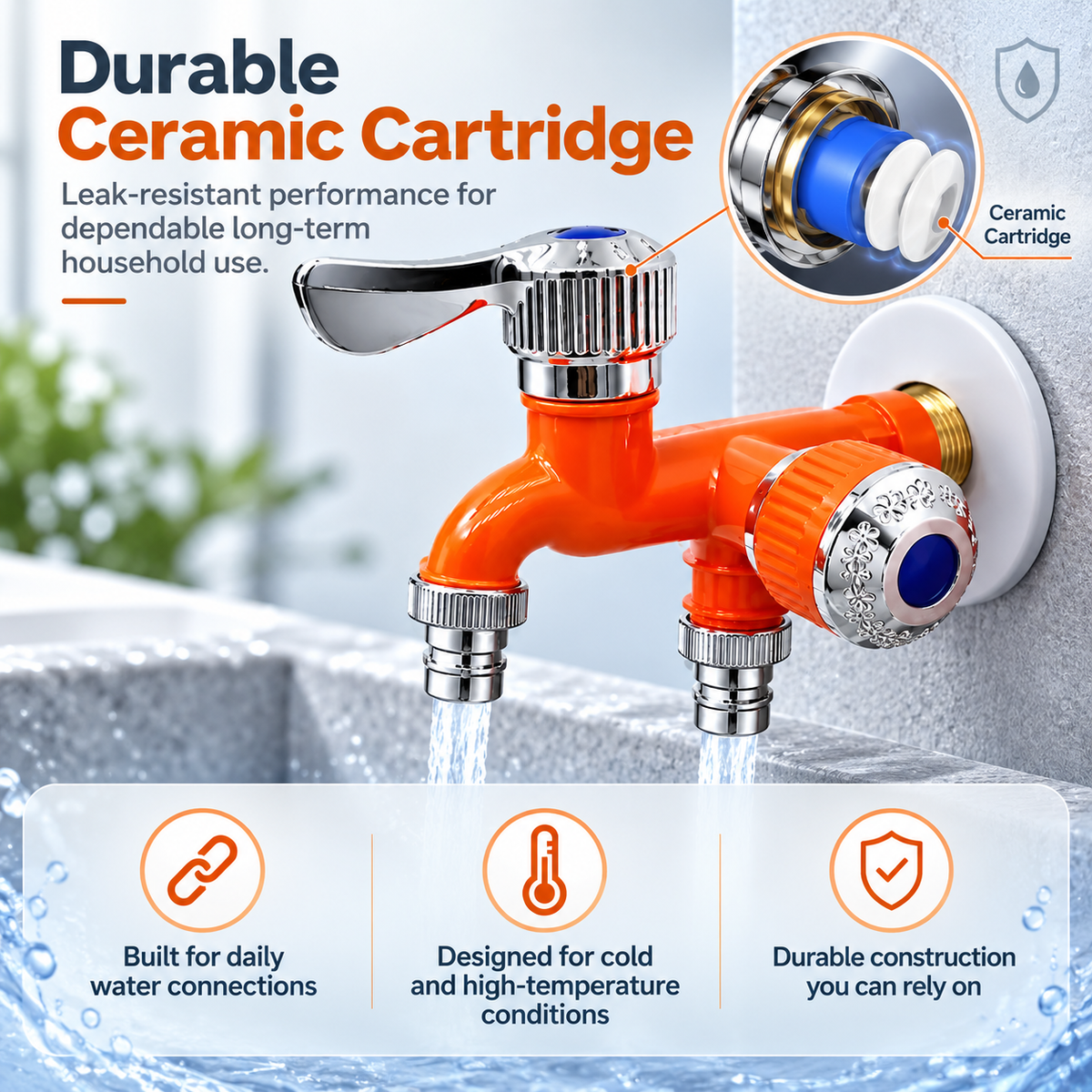 🔧 1-In-2-Out Plastic Water Tap – Dual Independent Control Valves, 3/4' Universal Fit, Leak-Proof Ceramic Core, All-Weather Resistant
