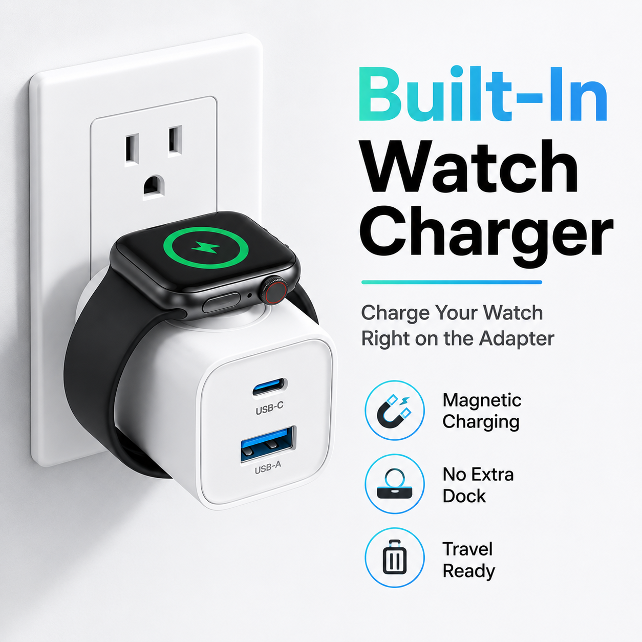 🔌 3-in-1 Wall Charger – Built-In Watch Charger with USB-A & USB-C Ports