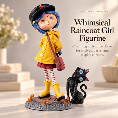 🌧️ 50% OFF Nostalgia Raincoat Girl Display – Yellow Raincoat & Black Cat Collectible 🐈