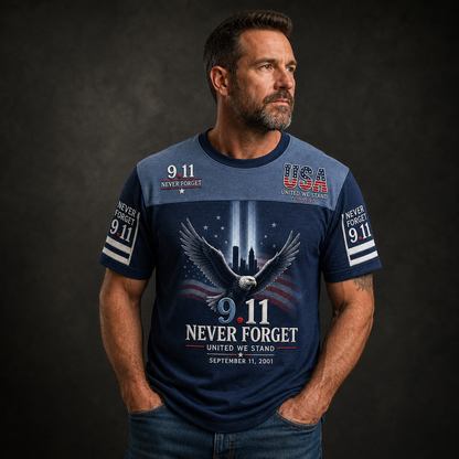 9/11 Memorial Tribute T-Shirt – Twin Towers, Eagle and American Flag Design