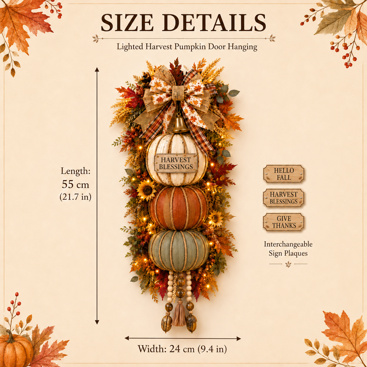 🏡🎃Lighted Stacked Pumpkin Fall Door Decor with 3 Seasonal Plaques