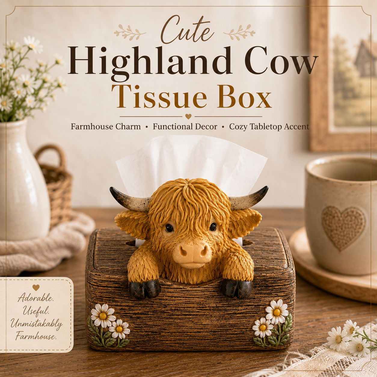 🐮 Cute Highland Cow Farmhouse Décor – Rustic Country Home Accent for Living Room, Kitchen & Entryway