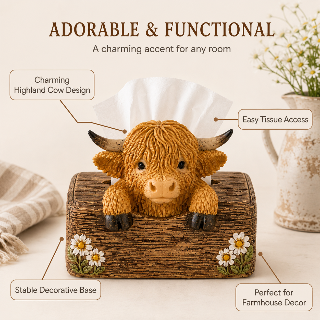 🐮 Cute Highland Cow Farmhouse Décor – Rustic Country Home Accent for Living Room, Kitchen & Entryway