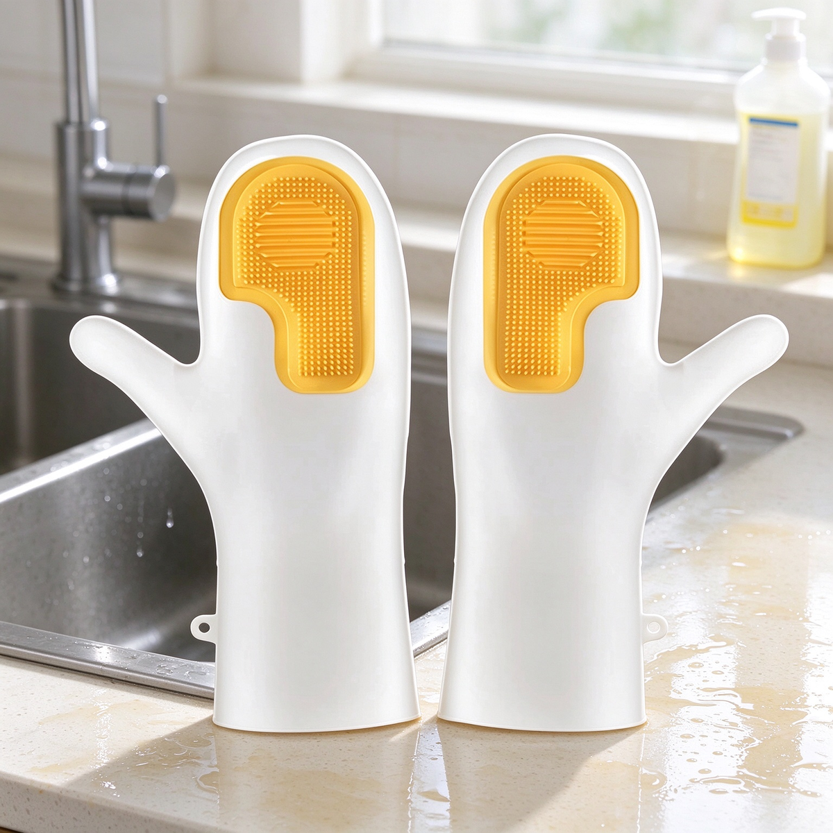 Dishwashing Gloves with Built-In Silicone Scrubber