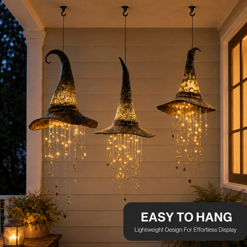 🧙‍♀️ Lighted Witch Hat Hanging Chime ✨ Battery-Powered Halloween Décor with Remote Control