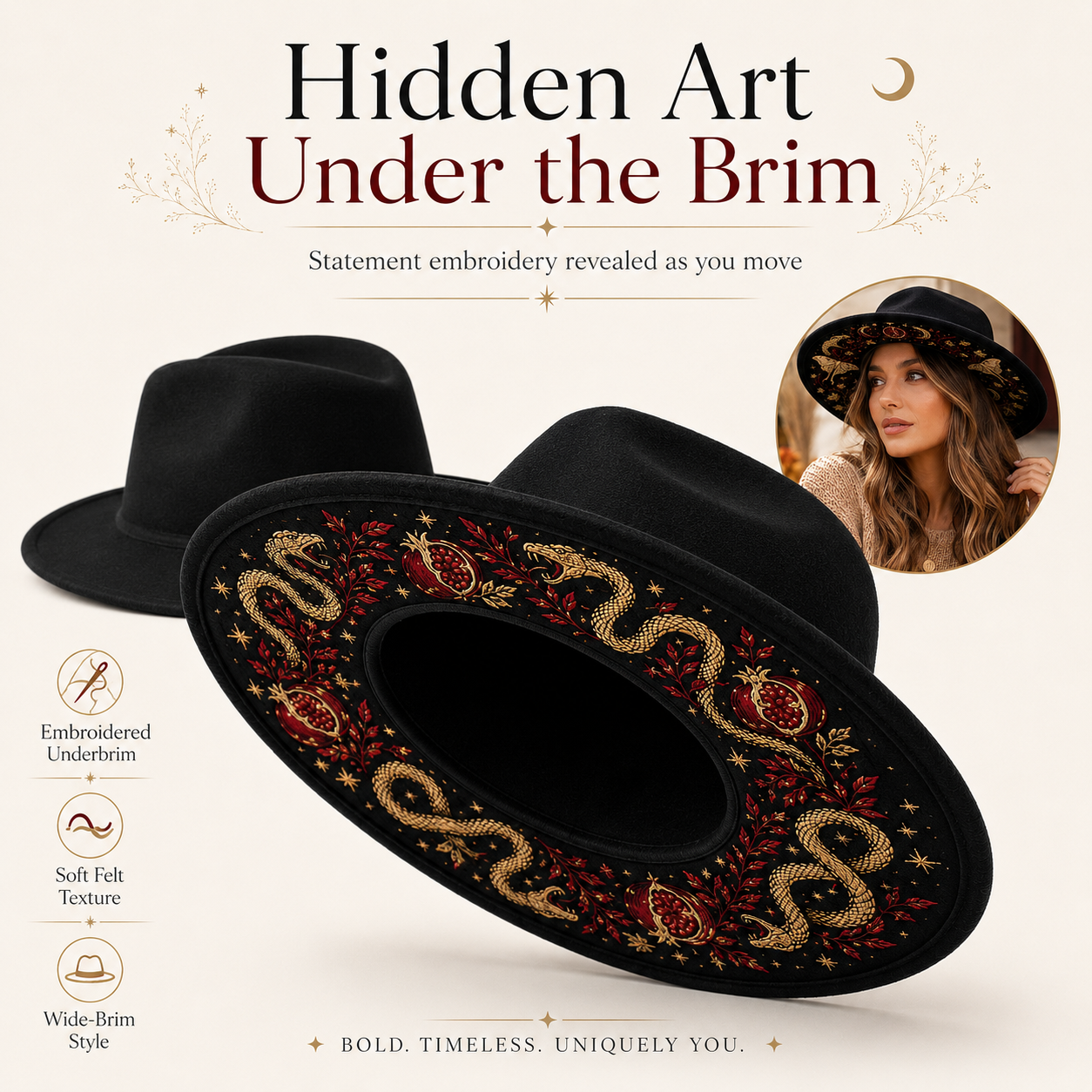 🌙 Embroidered Underbrim Wide-Brim Felt Hat – Gothic Mystic Art ✨