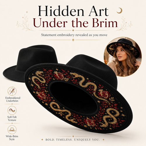 🌙 Embroidered Underbrim Wide-Brim Felt Hat – Gothic Mystic Art ✨