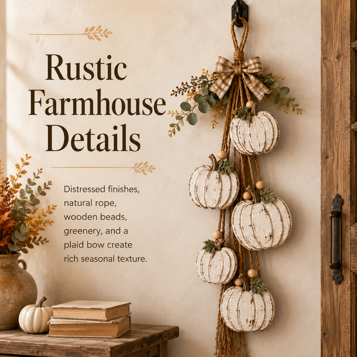 🔥Last Day 50% OFF -🎃 Rustic White Pumpkin Hanging Swag – 5-Pumpkin Fall Door & Wall Decoration for Farmhouse Autumn Decor