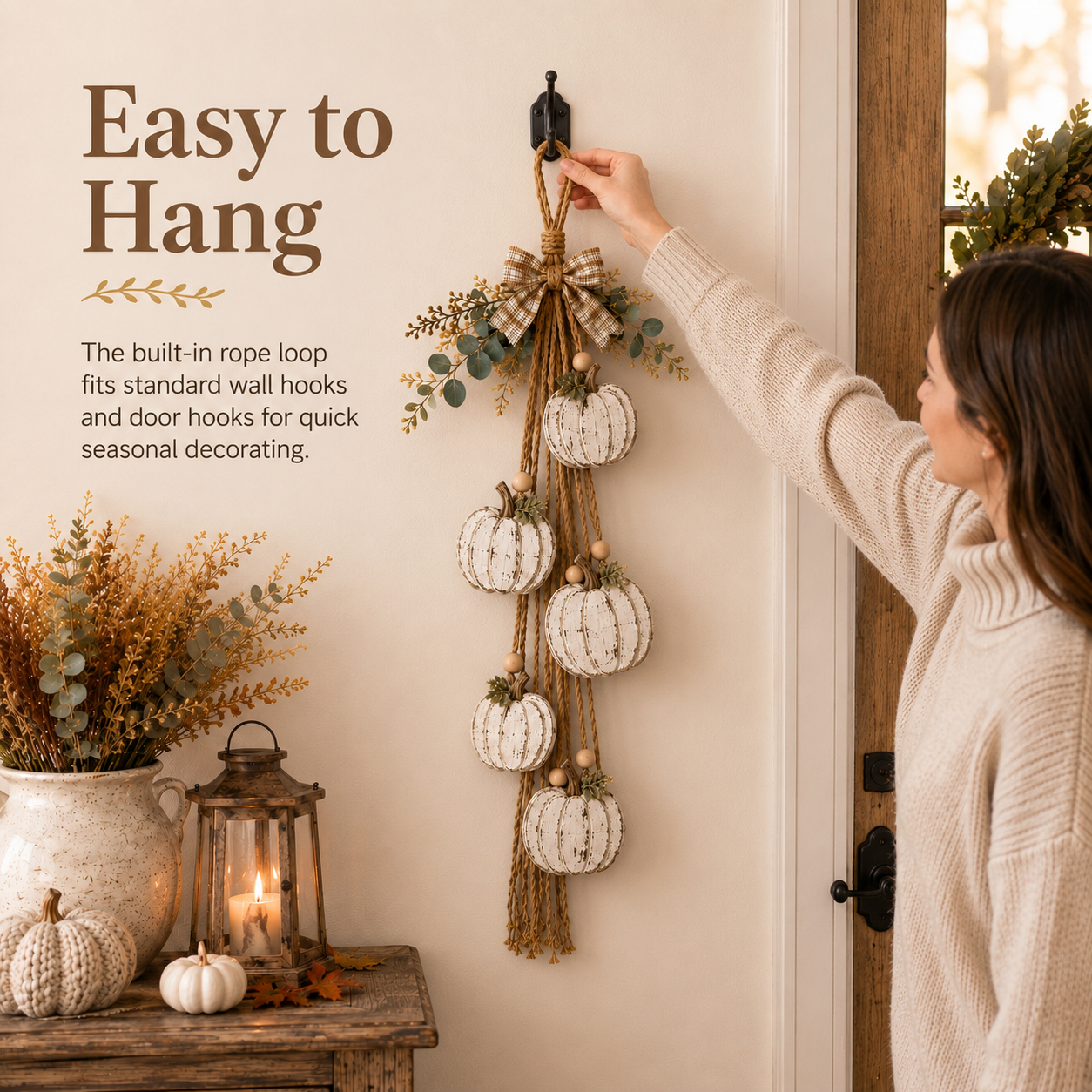 🔥Last Day 50% OFF -🎃 Rustic White Pumpkin Hanging Swag – 5-Pumpkin Fall Door & Wall Decoration for Farmhouse Autumn Decor