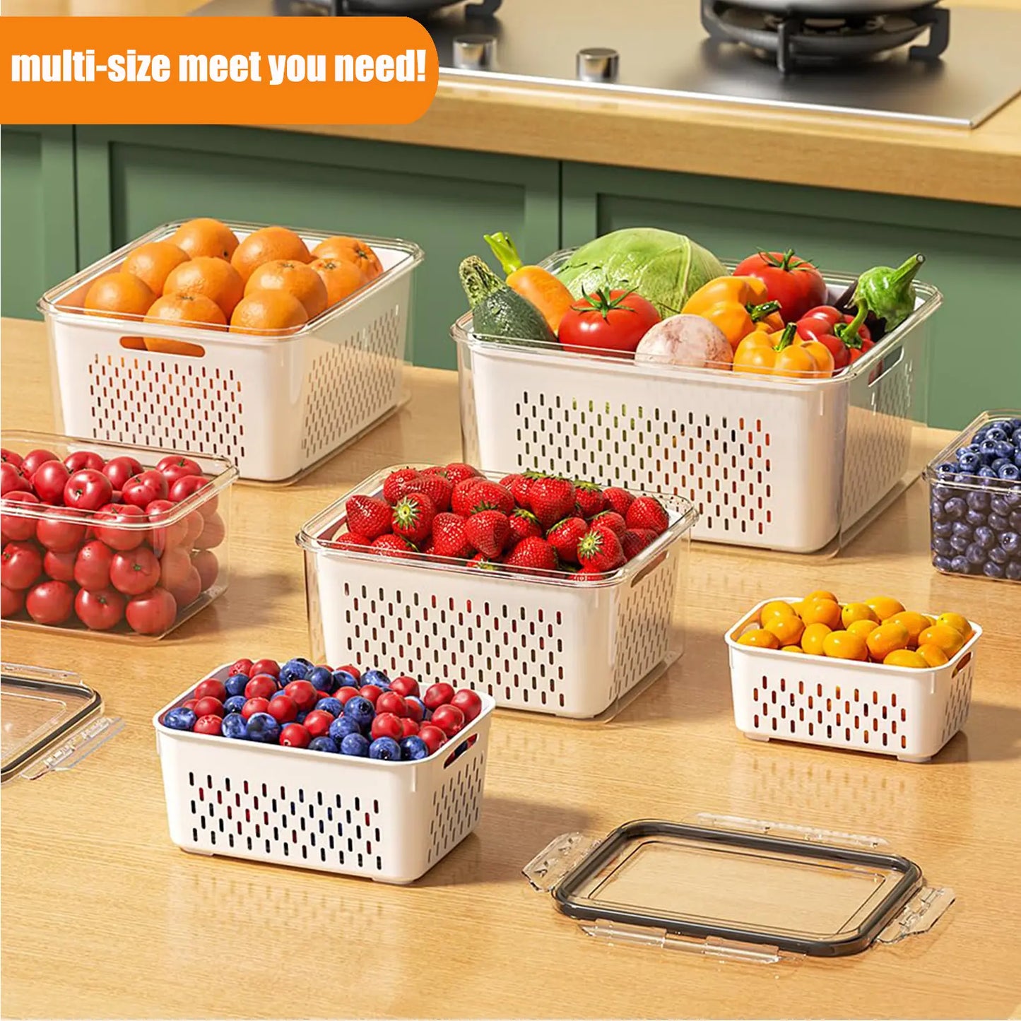 🔥🥗 5 Pack Stackable Fridge Organizers with Removable Colander & Keep Food Fresh ✨