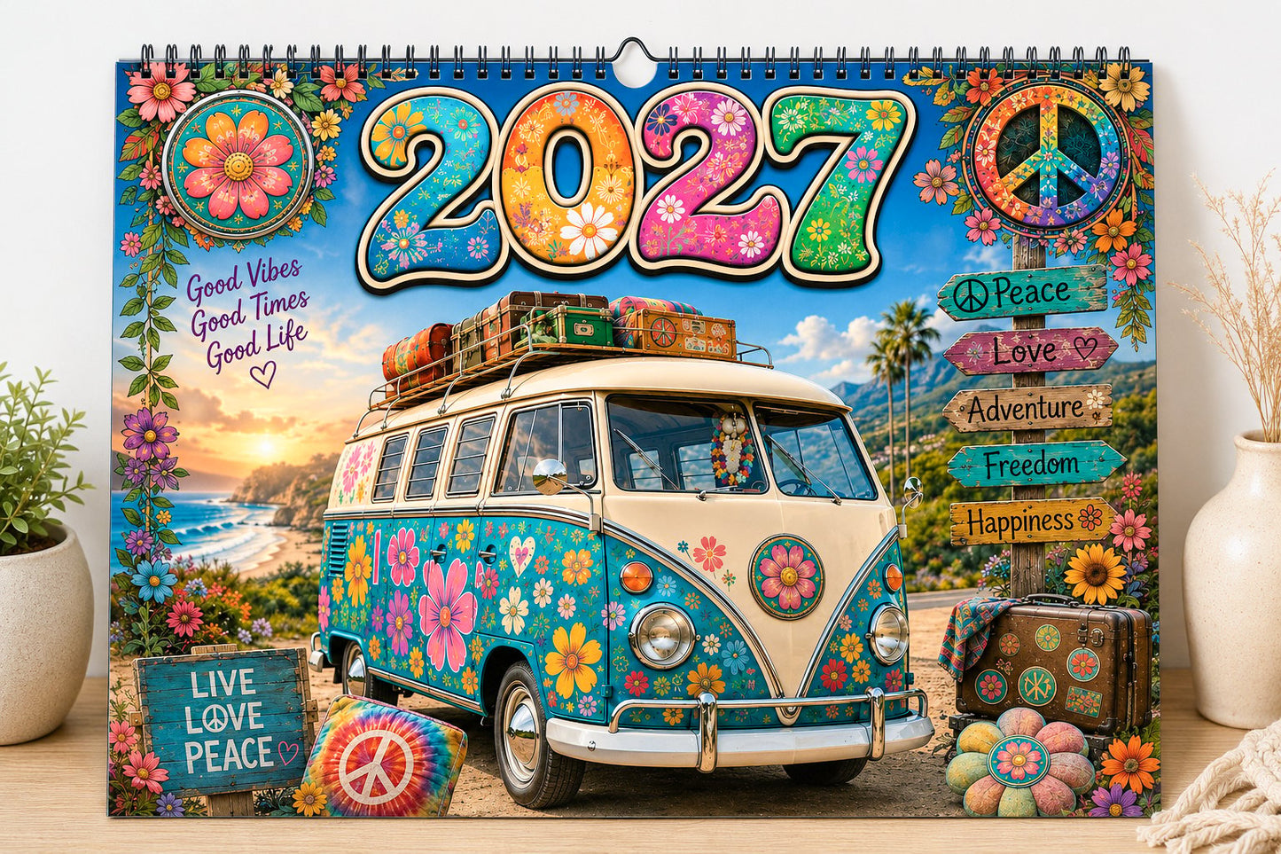 🌼2027 Hippie Boho Wall Calendar – Retro Road Trip Calendar📅