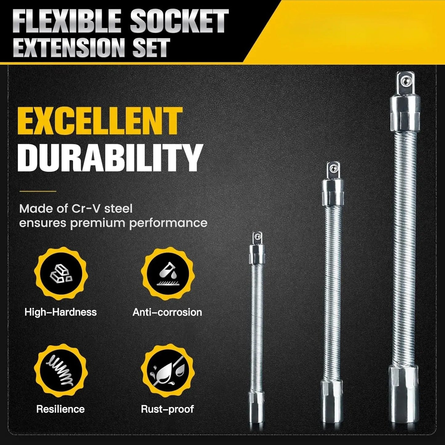 Flexible Socket Extension Bar Set – Bendable Ratchet Wrench Extensions for Tight Spaces, Carbon steel Automotive Repair Tool Kit