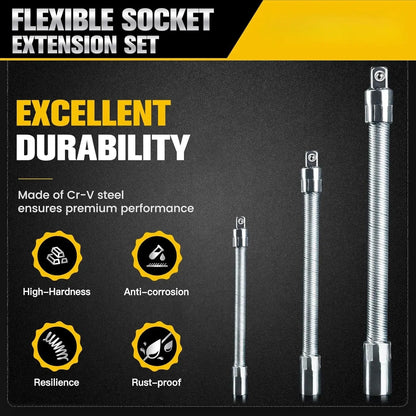 Flexible Socket Extension Bar Set – Bendable Ratchet Wrench Extensions for Tight Spaces, Carbon steel Automotive Repair Tool Kit