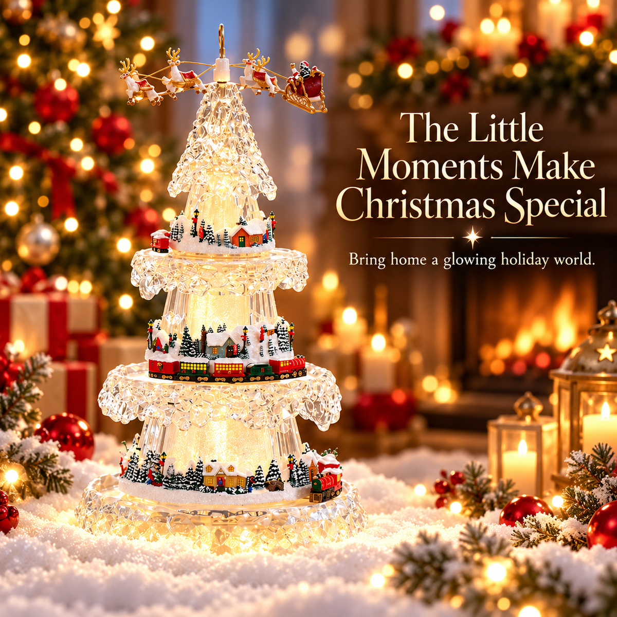 🎄Musical Christmas Tree with Animated Train – Light-Up Acrylic Holiday Village Tabletop Decoration