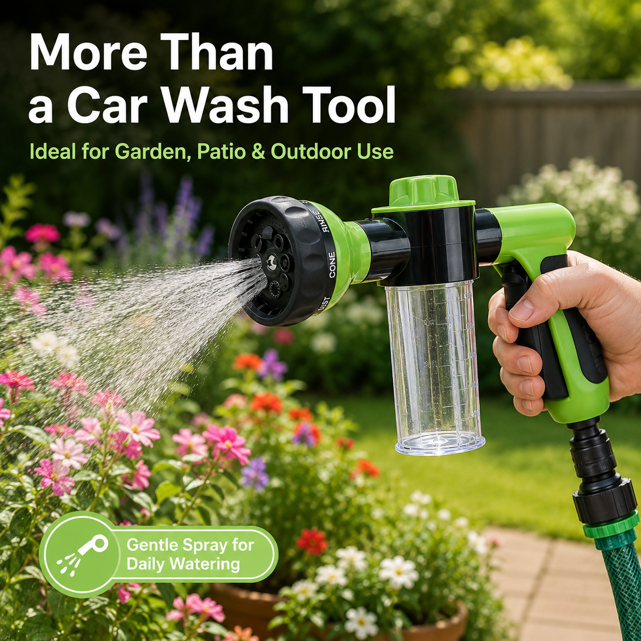 🔥 2-in-1 Foam Spray Nozzle – 8-Pattern Garden Hose Sprayer with Soap Dispenser