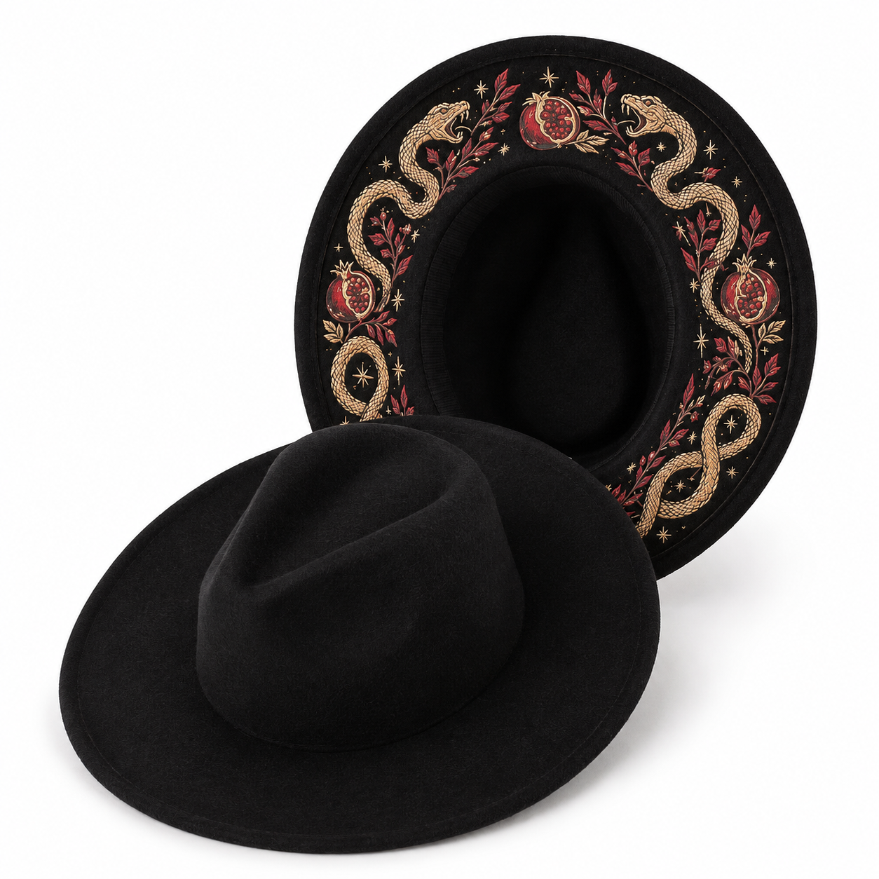 🌙 Embroidered Underbrim Wide-Brim Felt Hat – Gothic Mystic Art ✨