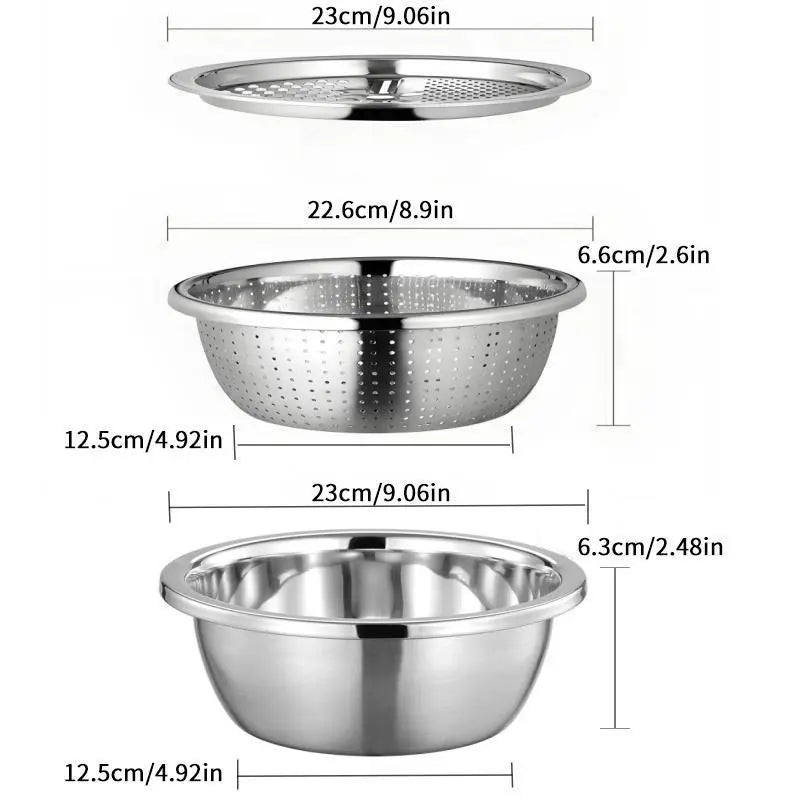 🔥Limited Time-49% OFF🔥3-in-1 Multifunction Kitchen Strainer Set 🥕🥦– Stainless Steel Wash, Drain & Slice Bowl