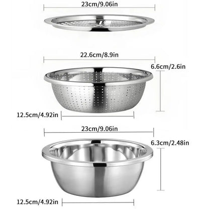 🔥Limited Time-49% OFF🔥3-in-1 Multifunction Kitchen Strainer Set 🥕🥦– Stainless Steel Wash, Drain & Slice Bowl