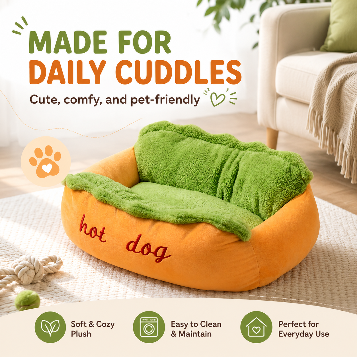 🌭 Hot Dog Dog Bed – Cute Plush Pet Sofa for Small Dogs & Cats