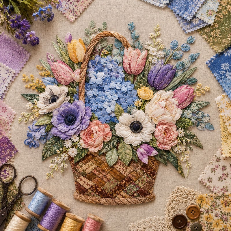 🌸Floral Basket Patchwork DIY Kit | 3D Layered Fabric Flower Art Craft for Home Decor & Gifts