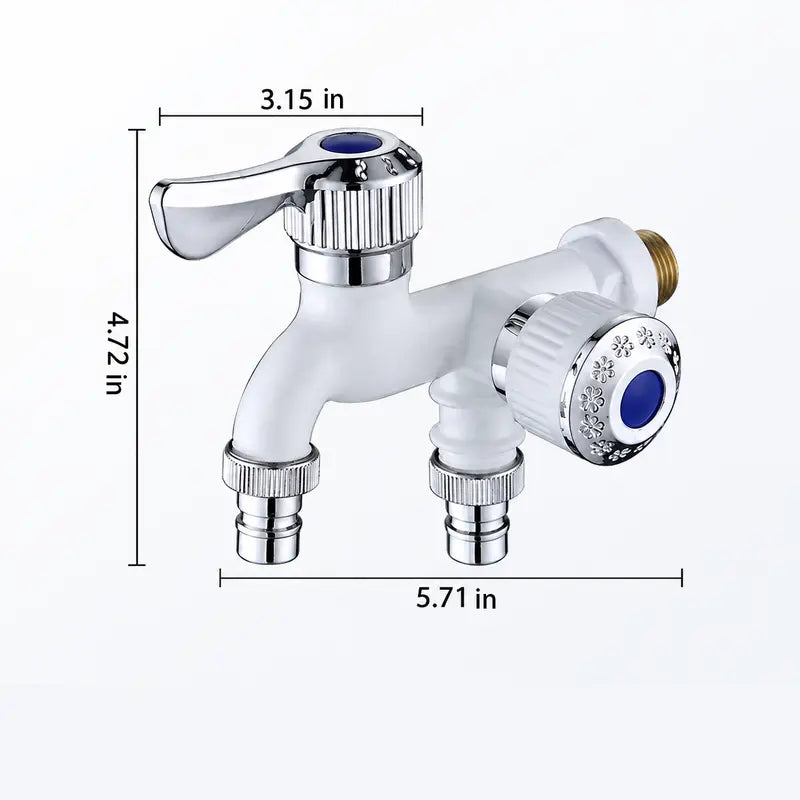 🔧 1-In-2-Out Plastic Water Tap – Dual Independent Control Valves, 3/4' Universal Fit, Leak-Proof Ceramic Core, All-Weather Resistant