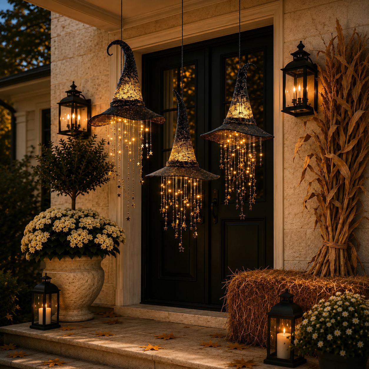 🧙‍♀️ Lighted Witch Hat Hanging Chime ✨ Battery-Powered Halloween Décor with Remote Control