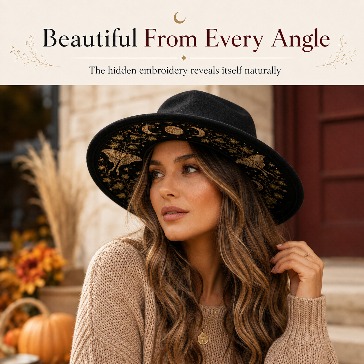 🌙 Embroidered Underbrim Wide-Brim Felt Hat – Gothic Mystic Art ✨