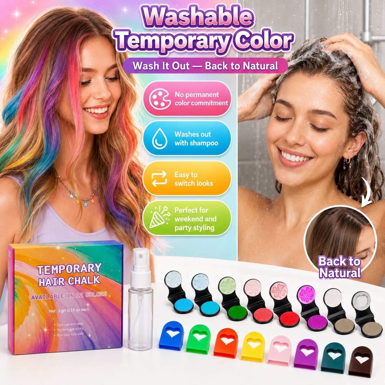 🔥  🌈 12-Color Temporary Hair Chalk Set with Applicators