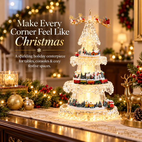 🎄Musical Christmas Tree with Animated Train – Light-Up Acrylic Holiday Village Tabletop Decoration