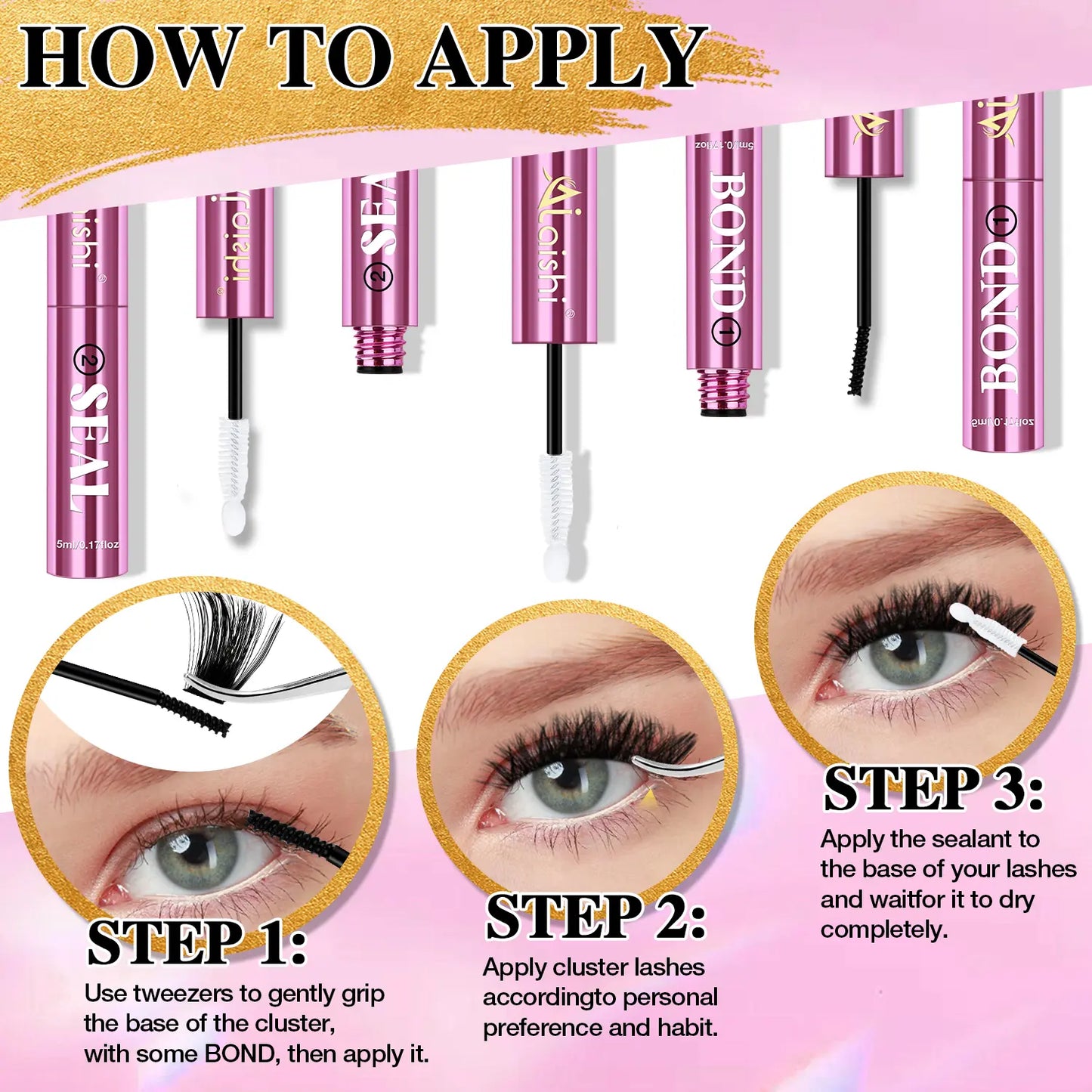 AlLAlSHI 2-in-1 Bond & Seal Cosmetic Eyelash Adhesive, Black/White Waterproof Gentle Lightweight Long-Lasting Strong Hold Glue for Individual Cluster Lashes, DIY Eyelash Extensions Beauty Product for Self-Application