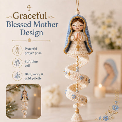 🙏 Handcrafted Crochet Blessed Mother Devotional Spiral Hanging Ornament | Soft Textured Yarn, Plush Filling, Decorative Beads, Golden Cross & Floral Tassel Details 💙✨