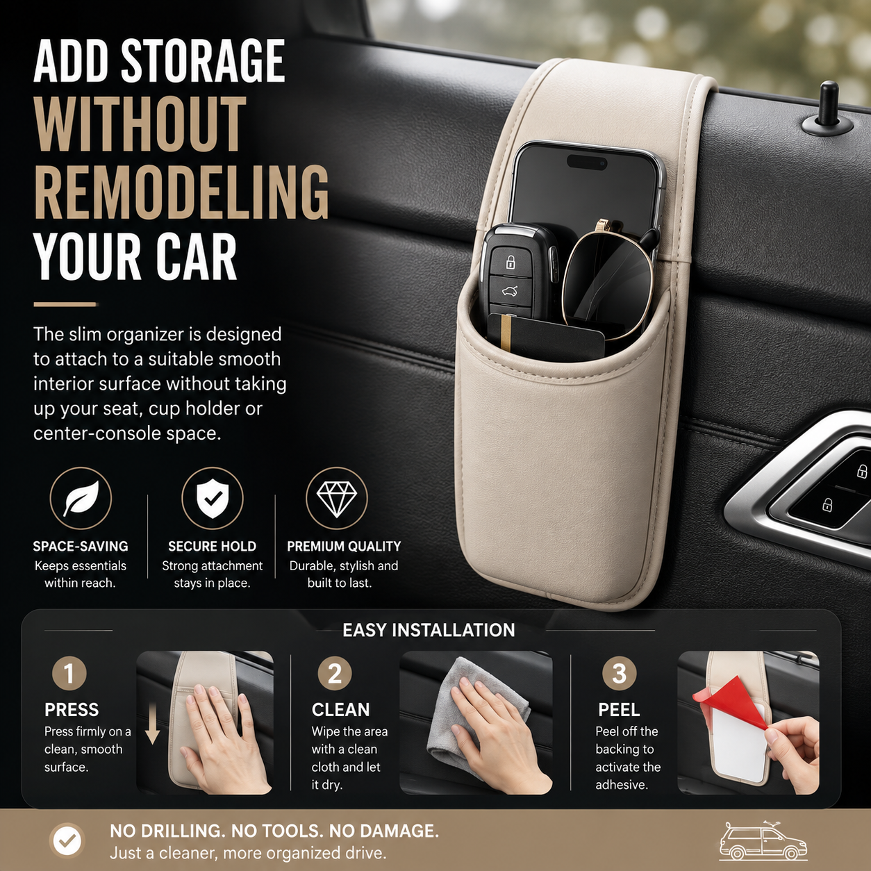 TRENDING NOW | Car Phone Storage Pocket – Slim Adhesive Organizer for Phones, Keys, Cards, Tickets & Sunglasses