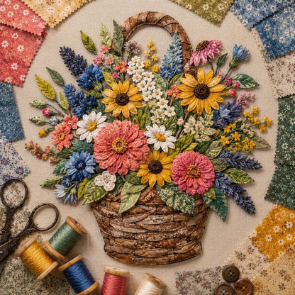 🌸Floral Basket Patchwork DIY Kit | 3D Layered Fabric Flower Art Craft for Home Decor & Gifts