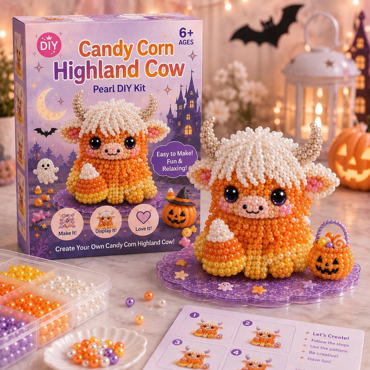 ⏳ Last Day 49% OFF – 🎃 Beginner-Friendly Halloween Highland Cow 3D Pearl Bead DIY Kit | Complete Kit with All Tools & Step-by-Step Guide Included 💕