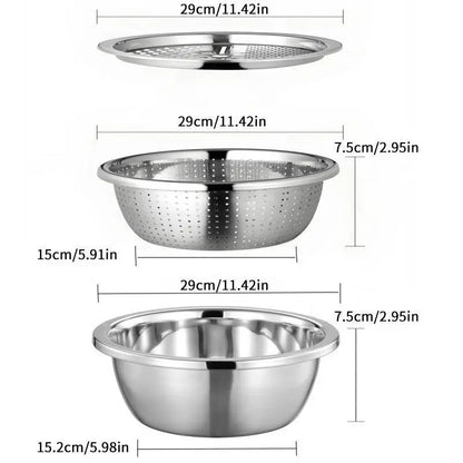 🔥Limited Time-49% OFF🔥3-in-1 Multifunction Kitchen Strainer Set 🥕🥦– Stainless Steel Wash, Drain & Slice Bowl