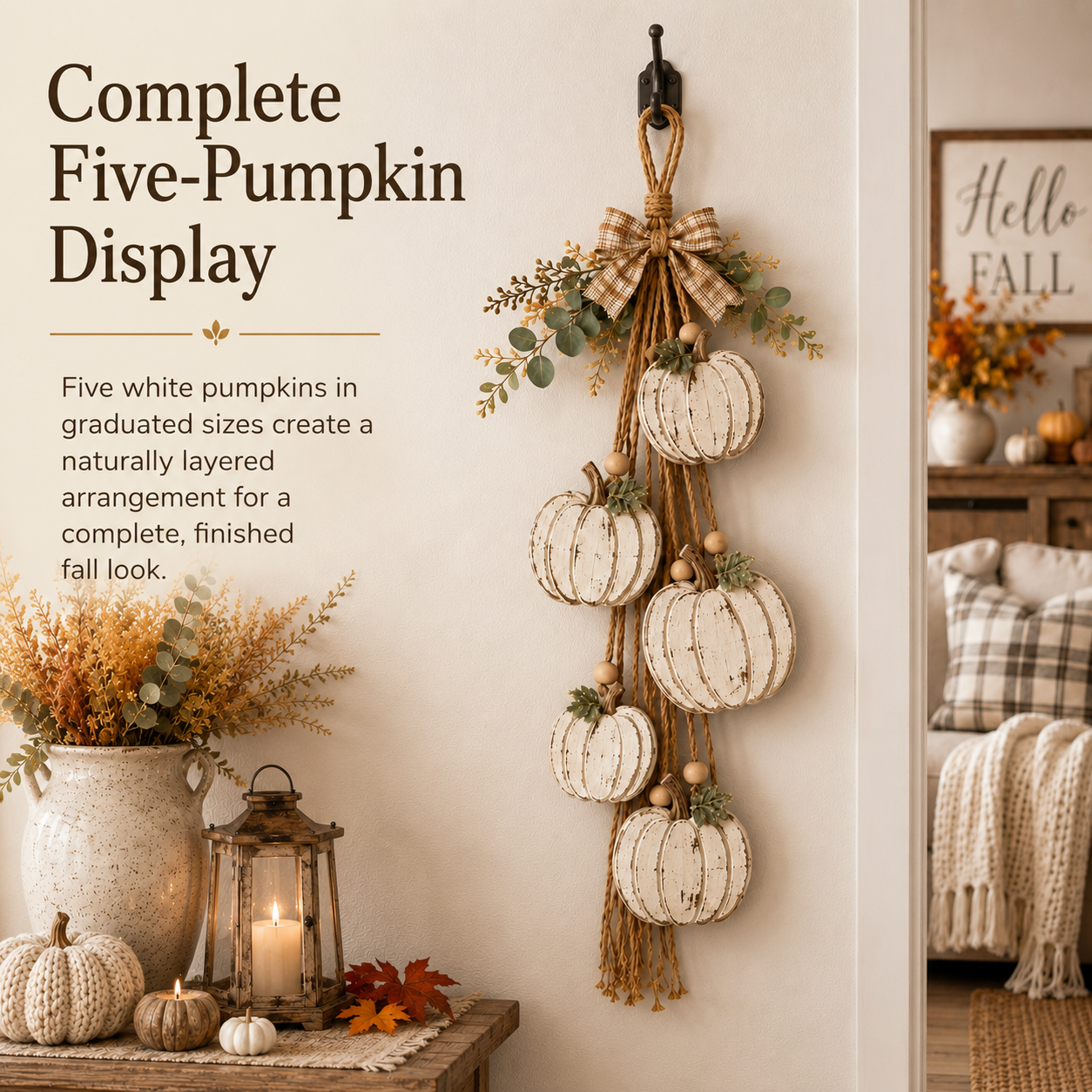 🔥Last Day 50% OFF -🎃 Rustic White Pumpkin Hanging Swag – 5-Pumpkin Fall Door & Wall Decoration for Farmhouse Autumn Decor