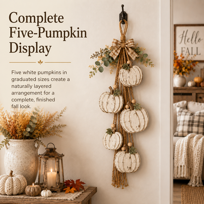 🔥Last Day 50% OFF -🎃 Rustic White Pumpkin Hanging Swag – 5-Pumpkin Fall Door & Wall Decoration for Farmhouse Autumn Decor