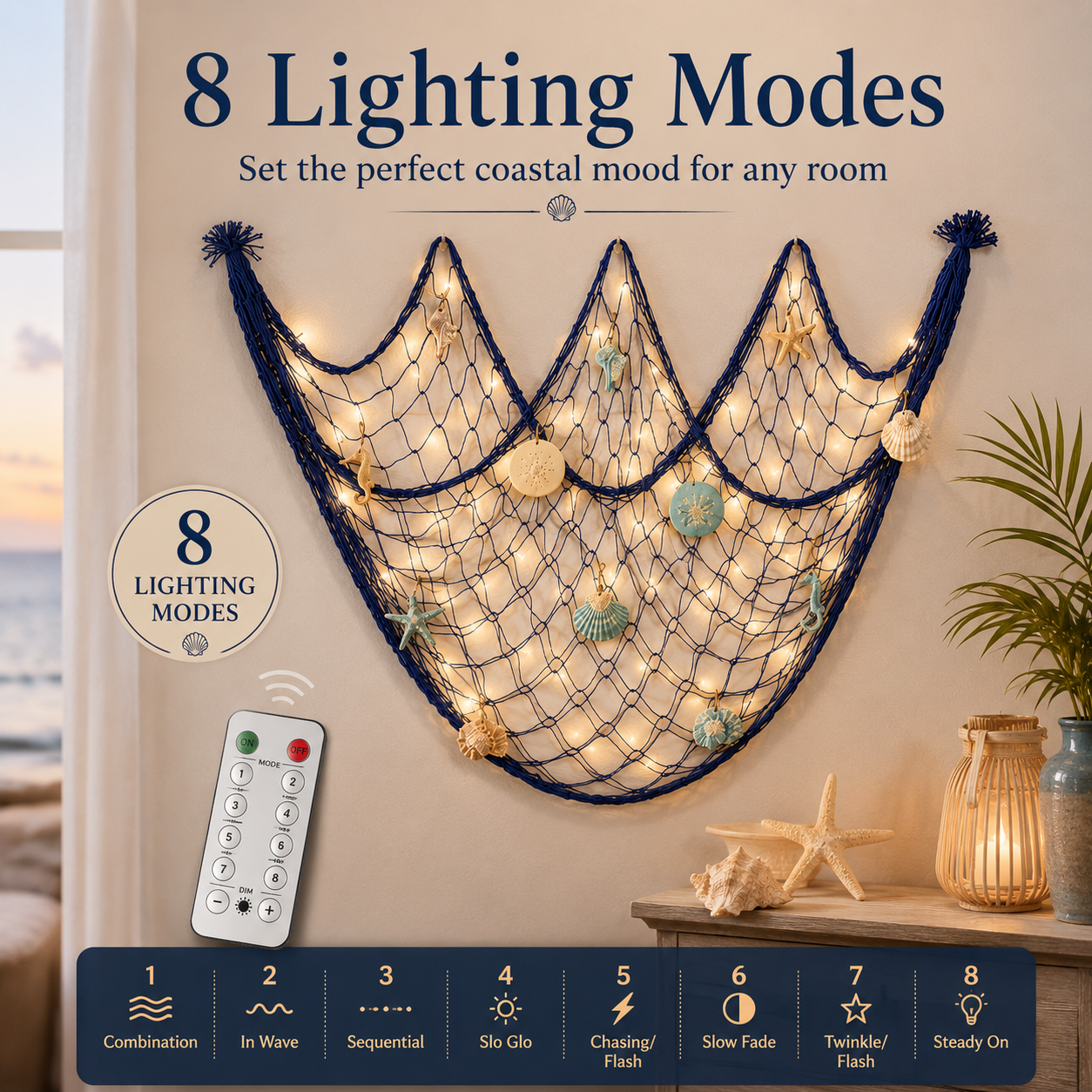 🌊✨ Coastal Fishing Net Wall Hanging with Fairy Lights
