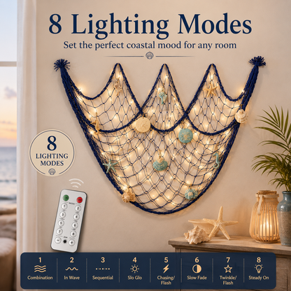 🌊✨ Coastal Fishing Net Wall Hanging with Fairy Lights